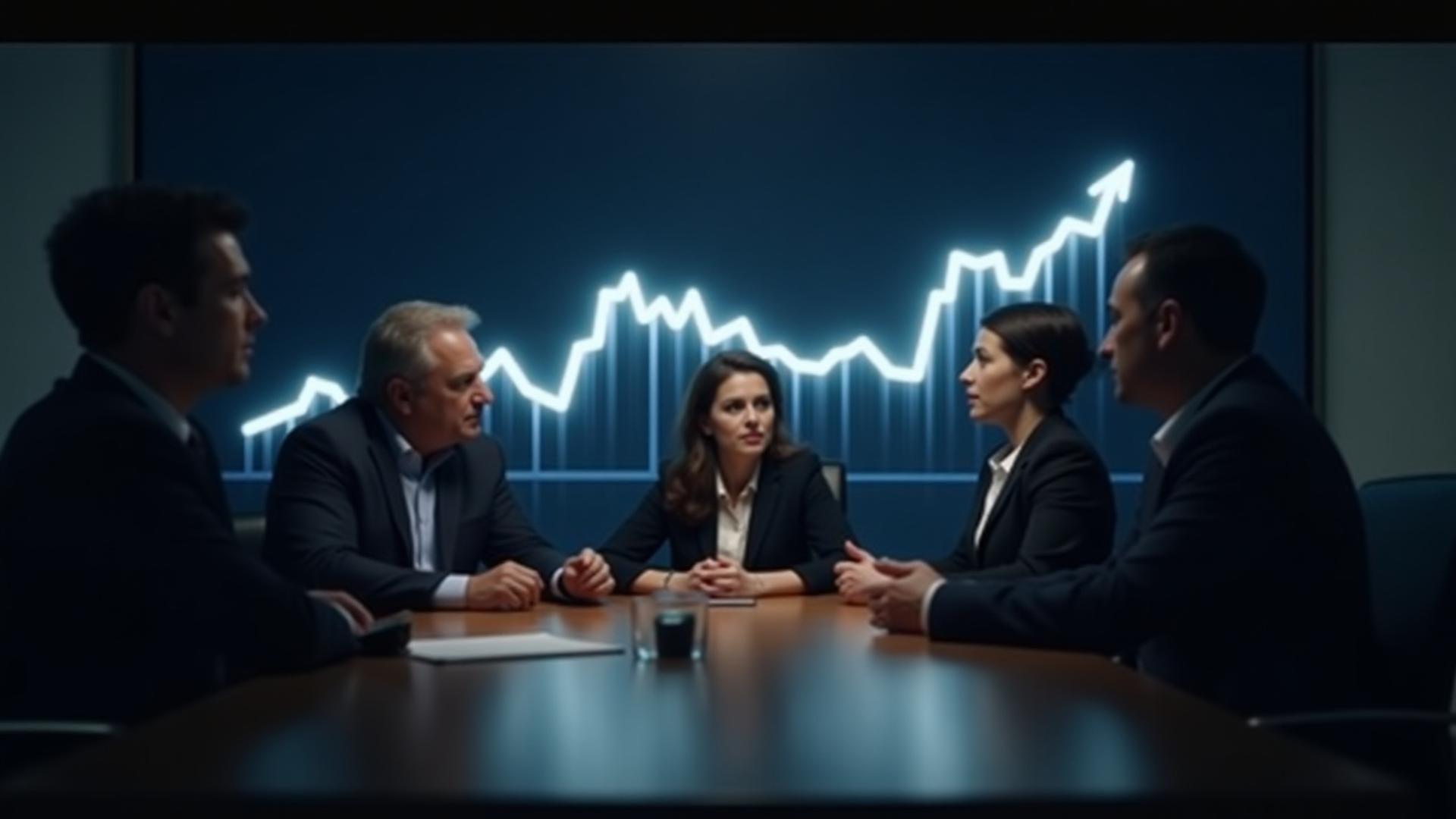 上昇傾向のグラフと真剣に議論するプロフェッショナルチーム