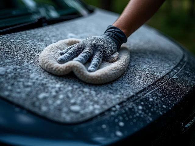泡立ちの良い中性シャンプーとマイクロファイバー製のグローブでEVのボンネットを優しく洗う手元のクローズアップ