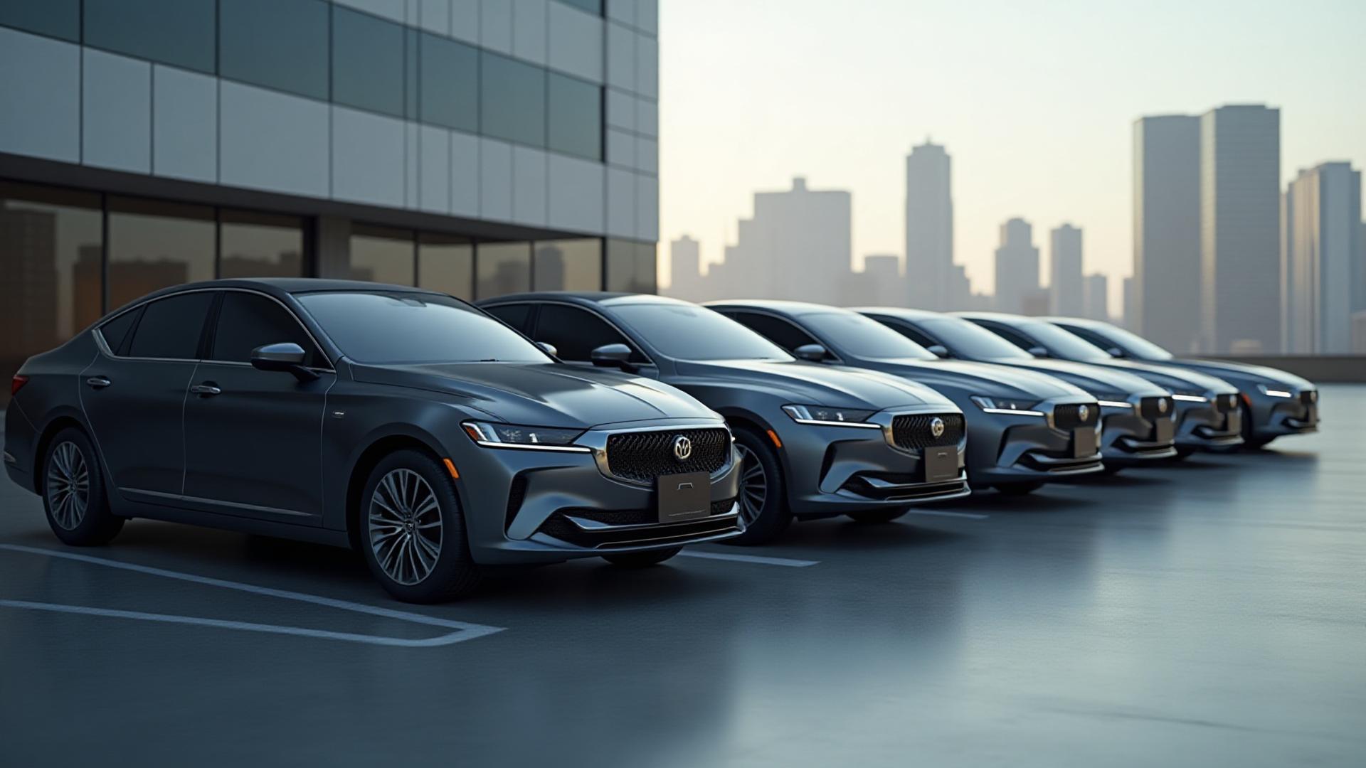 統一されたカラーの営業車が整然と並んでいるプロフェッショナルなイメージ