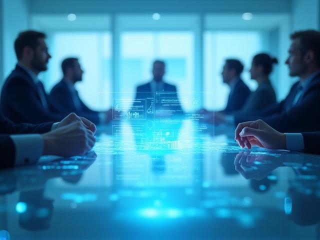 デジタル表示されたビジネスデータと戦略的な会議風景