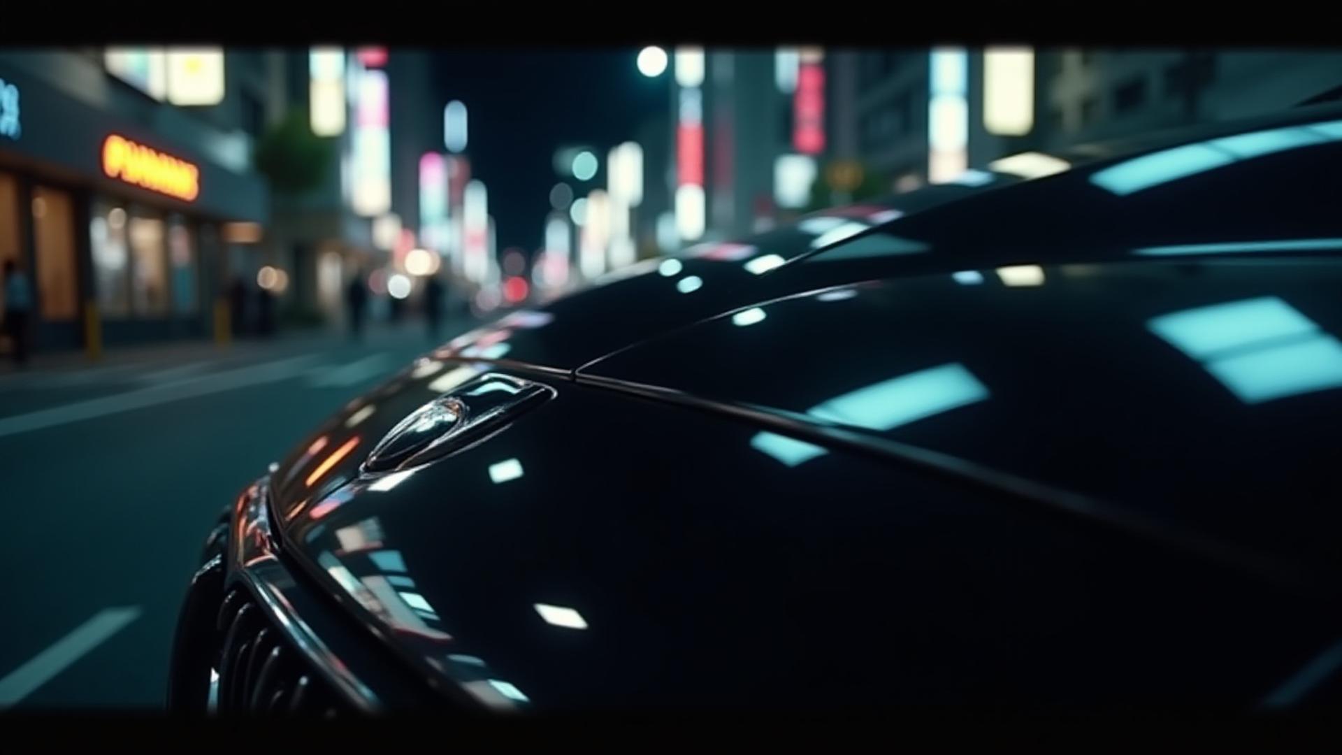 暗闇で輝く高級車のボンネットと東京の夜景、Onyx Auto Washのロゴ