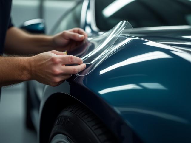 熟練の技術者が高級車にペイントプロテクションフィルムを精密に施工する様子
