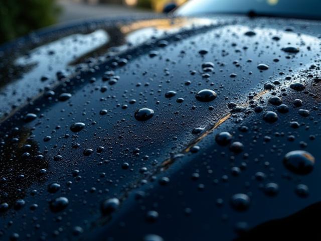 セラミックコーティングにより水滴が球体になりボディを滑り落ちる撥水効果のクローズアップ