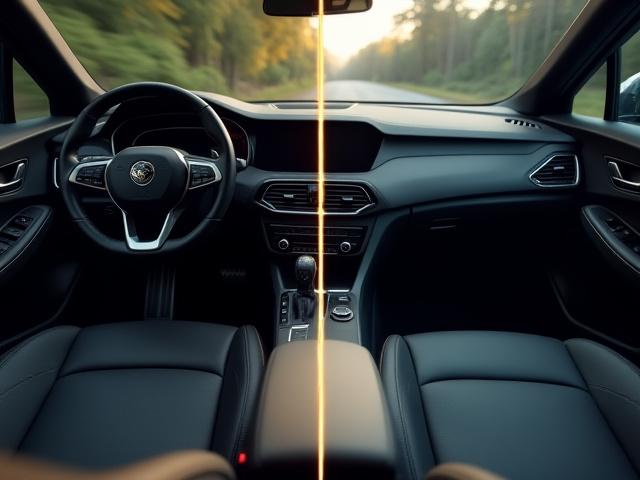 内装ディテイリングのビフォーアフター。右半分が清掃前、左半分が清掃後の清潔な車内